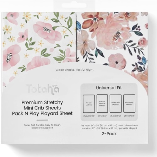 Graco Pack and Play Sheets Fitted, TotAha Buttery Soft Mini Crib Sheets Girl, Floral Pack N Play Mattress Sheets Hypoallergenic, Premium Jersey Playrad Sheets, Meredith Allover & Pale Pink, 2 Pack