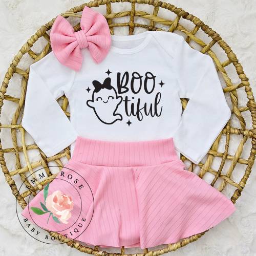 Baby girl halloween outfit, black bootiful ghost shirt, pink skirted bummies, newborn infant girl fall baby clothes, first halloween outfit