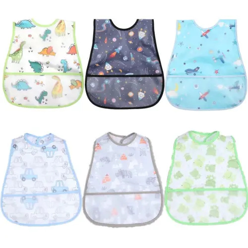 "Threemushroom Baby Bibs, Waterproof Polyester, Adjustable Snaps, Crumb Catcher, 6-Pack, 10""x10"