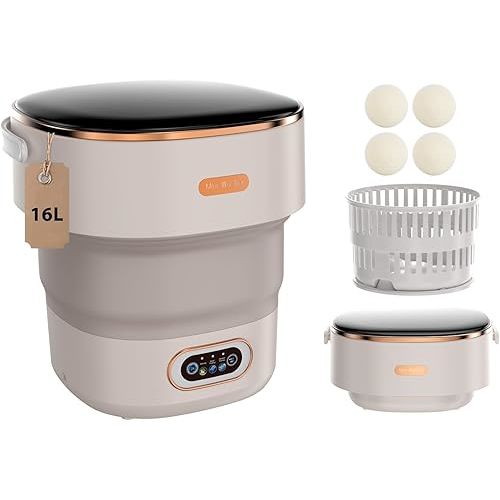 Portable Washing Machine,16L Foldable Mini Washer Machine with Spin Basket Laundry,Collapsible Small Underwear Washer Machine with 3 Cleaning Modes for Apartment Home Hotel Camping (Khaki)