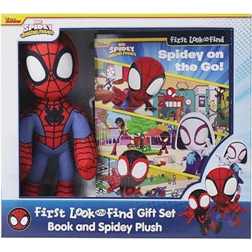 Marvel Spider-man Spidey and his Amazing Friends – Spidey on the Go! First Look and Find Activity Book and Spidey Plush Toy Gift Set – PI Kids
