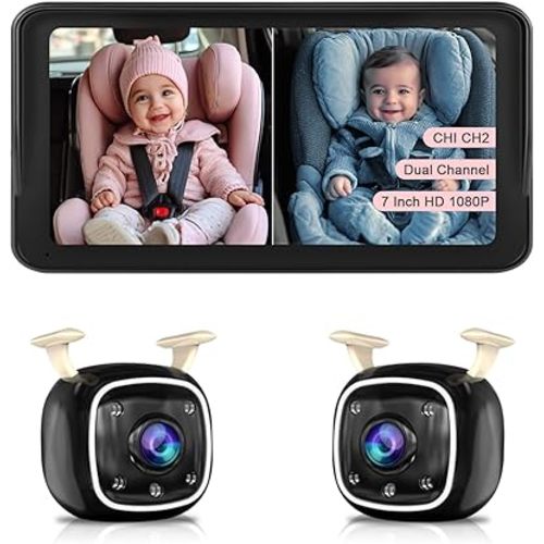 Baby Car Camera for Twins HD 1080P Dual Rear Facing Infant Monitor 7 Inch Ultrawide Display 940nm Night Vision Car Seat Camera for 3 Row SUVs