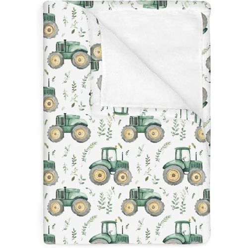 Watercolor Green Tractors Baby Blankets for Boy Girl Farm Tractors Boho Leaves Soft Flannel Nursery Bed Blankets for Infant Toddler Crib Stroller Swaddle Receiving Blanket Playmat 30x40inch