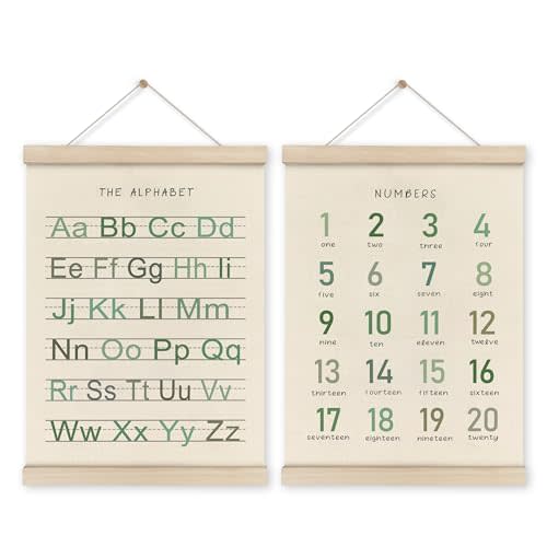 HRQKO Alphabet Numbers Poster Hanger Frame Set of 2, Nursery Wall Decor, Boho ABC Poster Wall Art with Wooden Frames, Sage Green Alphabet Banner Wall Hanging Decor for Toddler Playroom, 12x16 Inch