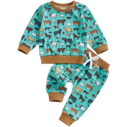 Western Baby Boy Girl Clothes Highland Cow Print Outfit Long Sleeve Sweatshirt Top Elastic Waist Pants Outfit Set