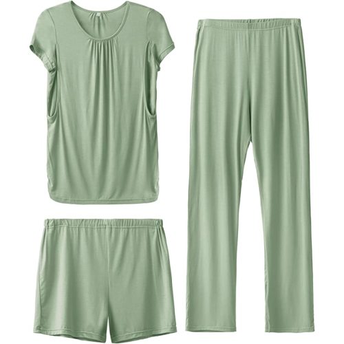 SUNNYBUY Womens Maternity Nursing Pajamas Set, Short Sleeve Breastfeeding Shirts,Pregnancy Shorts & Pants 3 Piece Nursing PJS - Greyish-green - XX-Large