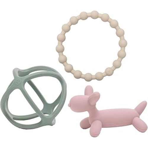 WeeSprout Handheld Teether Set (Matte Green, Pink & Off White)