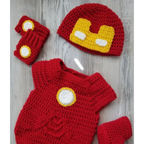 Crochet IRON MAN Newborn Outfit, Hat, Wrist Warmers, Onesie, and Boots
