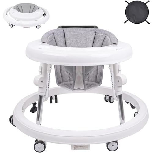 Baby Walker, Foldable 9-Gear Height Adjustable Baby Walker with Wheels, Infant Toddler Walker with Foot Pads, Anti-Fall Baby Walkers and Activity Center Bouncer Combo for Boys and Girls 6-24 Months