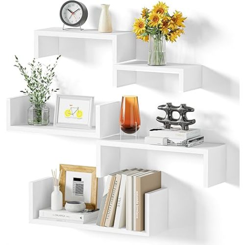 SRIWATANA Floating Shelves for Wall, Wall Shelves for Bathroom, Bedroom, Living Room, Kitchen, Office, Wood Shelves for Wall Decor Set of 5 (Washed White)