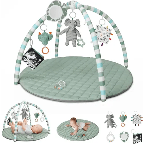 Blissful Diary Baby Play Gym Mat, Tummy Time Mat with 6 Detachable Toys for Stage-Based Sensory & Motor Skill Development, Baby Activity Mat Easy to Install & Clean, Baby Essentials Gift, Sage Green