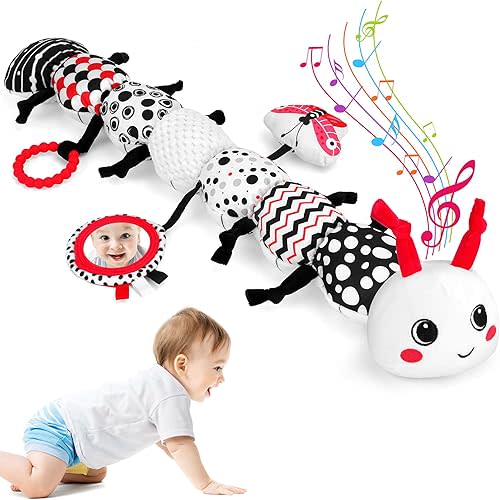 Baby Toys 0-12 Months - Girls Boys 3 Month Baby Toys Tummy Time Musical Caterpillar Stuffed Animal Soft Plush Toys Sensory Toys High Contrast Black White Toys Gifts, W/Mirror Rattle