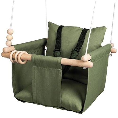 Indoor Outdoor Baby Swing with 3-Point Harness and Hardware for Ceiling, Porch, Doorway, Canvas Toddler Swing Seat Green