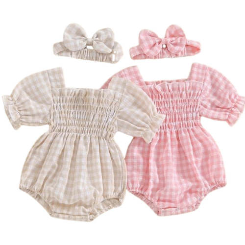 2pcs Plaid Bubble Romper - Tiny Tiny Tots