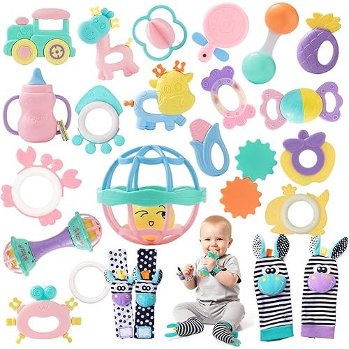 Baby Rattles 0-6 Months,Infant Sensory Teething Toys Set for 3-6 Months with Wrist Socks,Learning Developmental Toys,Perfect Baby Gift for 6-12 Months Newborn Boys Girls (Purple Rattle Set)