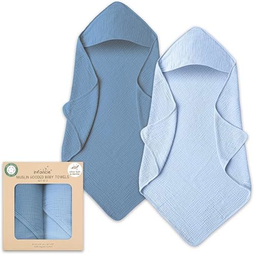 Organic Cotton Muslin Baby Hooded Towels - 32x32 Inch, 2 Pack Newborn Bath Towels for Boys & Girls, Soft & Absorbent Bath Set (Deep Blue/Aquarius)