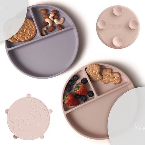 Moonkie Suction Plates for Baby | 100% Silicone BPA-Free Baby Plates with Lids and Food Cover | Divided Design | Microwave and Dishwasher Safe | Toddler Plates 2 Pack