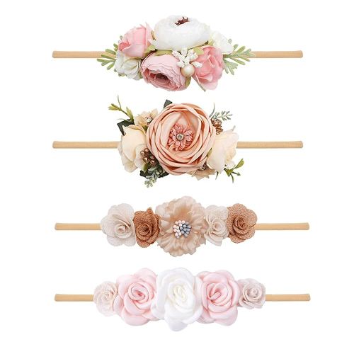 Baby Girl Flower Headband 4 PCS Elastic Hairbands Handmade Nylon Bows Headbands Chic Floral Hair Accessories Kids Gifts for Newborn Infant Toddlers