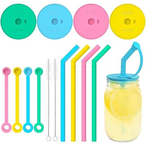 Sophico Silicone Mason Jar Lids with Straw/Silicone Stoppers/Clean Brush, for Wide Mouth Mason Jar,4 Pack(Containers not included)