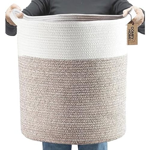 COMFY-HOMI XXL Large Laundry Basket with Handles Blanket Baskets Living Room|Woven Cotton Rope Decorative Basket Laundry Hamper Baby Basket Nursery Dog Toy Storage Organizer Bin-16”x18”-White Brown
