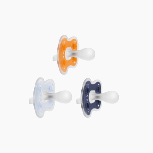 Dr. Brown's Advantage One-Piece Silicone Baby Pacifier, Fully Symmetrical Soother, Dark Blue/Light Blue/Orange, 6-18m, BPA Free, 3 Pack
