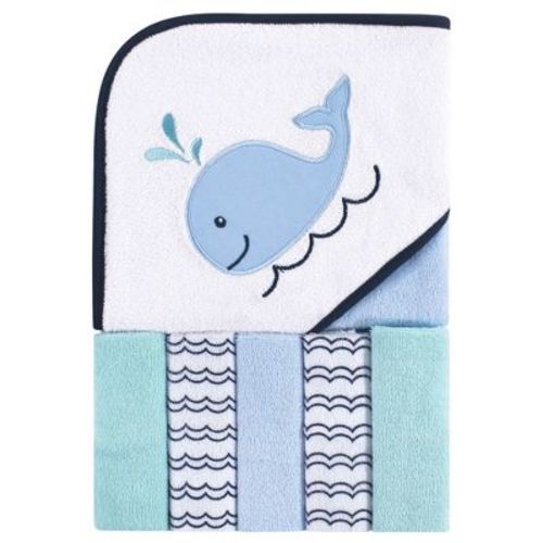 Luvable Friends Baby Boy Hooded Towel With Five Washcloths, Boy Whale, One Size