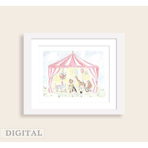 Watercolor Circus Animals Nursery Art | Pink Circus Nursery Decor | Elephant, Giraffe, Lion, Bear, Bunny, Monkey, Penguin | DIGITAL