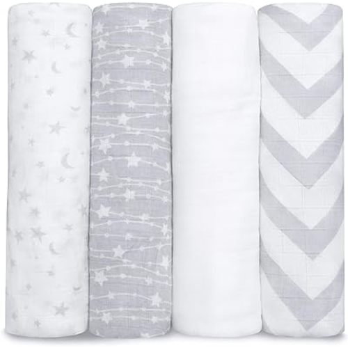 Comfy Cubs Muslin Swaddle Blankets (Pack of 4) - 119 x 119 cm, Soft Cotton Baby Blanket Set, Large Swaddling Wraps for Newborns - Self-Soothing Baby Swaddle - (Grey)