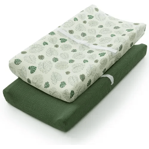 Muslin Changing Pad Cover for Baby Girls Boys, Cotton Natural Comfort Diaper Change Table Pad Covers, Ultra Soft Breathable Boho Changing Pad Sheets, 2Pack (Monstera Leaves&Dark Green)
