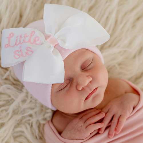 Little Sis White Ribbon Baby Girl Pink Hospital Hat, (Newborn Pink Hat)