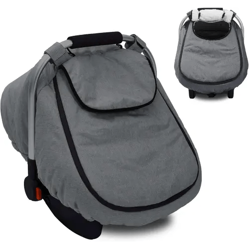 Winter Baby Car Seat Cover, Waterproof Carseat Cover with Zipper Peep Window, Warm Sherpa Fleece Lining, Universal Infant Car Seat Canopy Stroller Cover for Rain Snow Cold Weather (Grey)