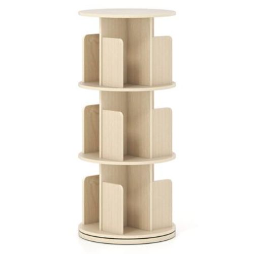 Costway 1/2 PCS 3-Tier Rotating Bookshelf 360° Display Rack with Dividers & Anti-falling Baffles Natural/White