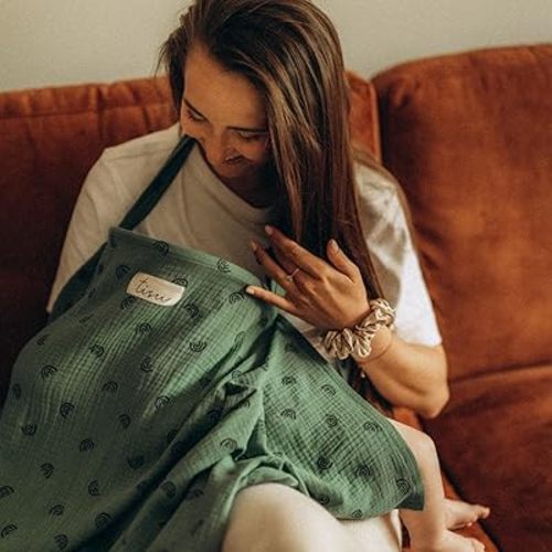 Nursing Cover for Baby Breastfeeding & Pumping | Multi Use Car Seat Stroller Cover | Breathable Soft Muslin Cotton | Breast Feeding Apron & Shawl by TISU (Dusty Green Rainbow)