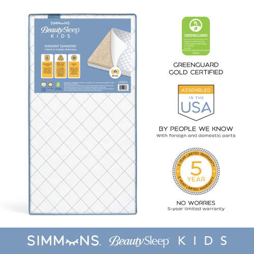 Simmons BeautySleep Kids Radiant Diamond Extra Firm Crib And Toddler Mattress, GREENGUARD Gold Certified, Sustainably Sourced Fiber Core, Waterproof, White/Blue