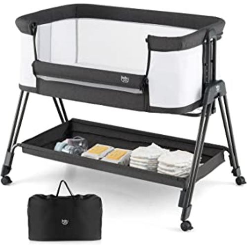 BABY JOY Bassinet Bedside Sleeper, Easy Folding Crib w/All-Side Mesh, Storage Shelf, 7 Adjustable Heights, Mattress & Travel Bag for Safe Co-Sleeping, Portable Bed for Newborn Infant -Black