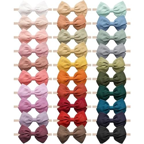 30 Pcs Baby Headbands Girls Hair Bows Nylon Hairbands with Linen Bows Handmade Head Accessories for Infant Newborn Toddlers Kids