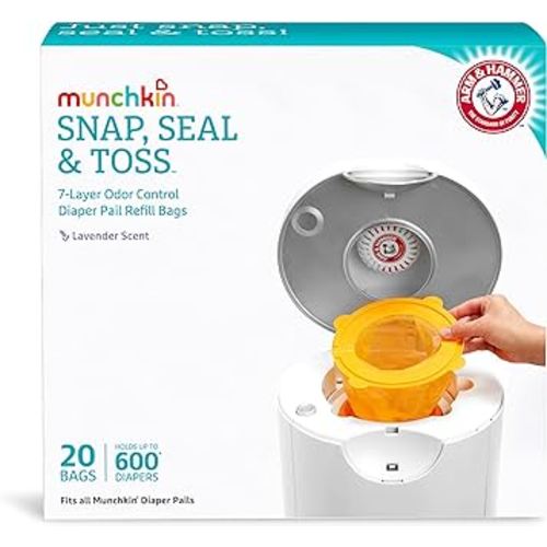 Munchkin® Arm and Hammer Diaper Pail Snap, Seal and Toss Refill Bags, Holds 600 Diapers, White 20 Count