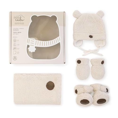 PETIT COULOU Coffret cadeau ours en peluche pour bébés de 0 à 6 mois – Joli ensemble d'accessoires pour bébé de 4 pièces – Gardez votre nouveau-né au chaud et confortable – Comprend chaussons,