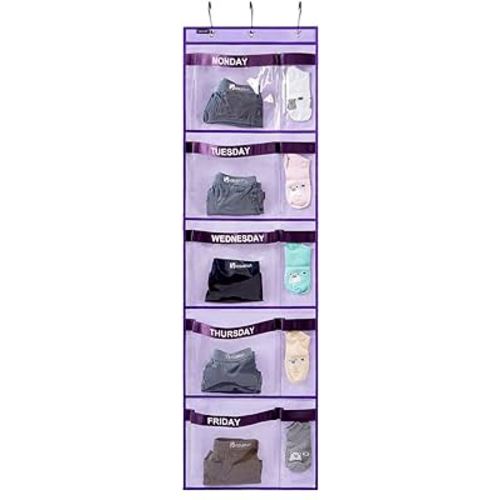 ANZORG Weekly Kids Clothes Organizer Day of Week School Clothing Storage Monday to Friday Hanging Closet Organizer (Purple)
