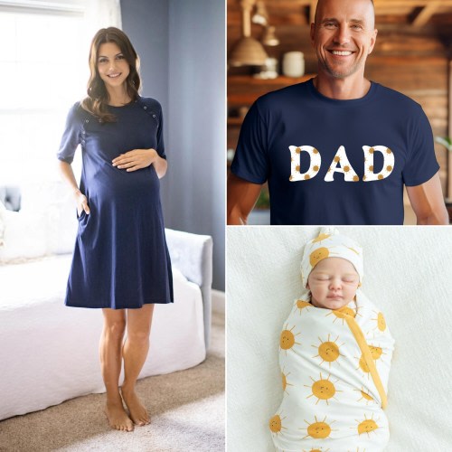 Family Matching Maternity Labor Delivery Hospital Gown GOWNIE & Sunshine Baby SWADDLE Set + Dad Daddy T-Shirt/Baby Be Mine/Sunshine and Navy