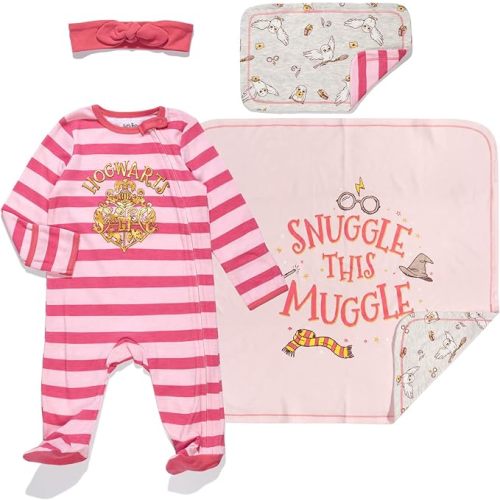 Harry Potter Baby Zip Up Sleep N' Play Coverall Bib Blanket and Burp Cloth 4 Piece Outfit Set Newborn - 6-9 Months - Pink
