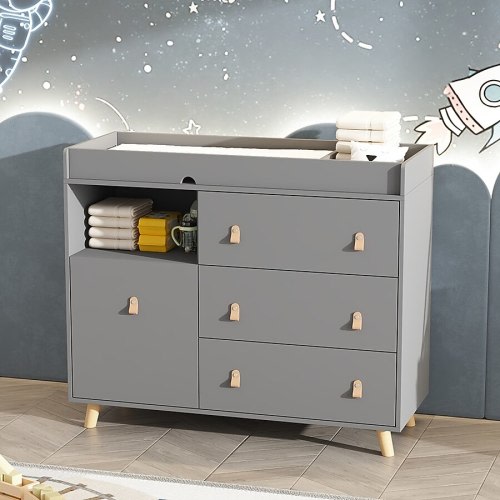 4-Drawer Gray Wood Kids Dresser Changing Table Dresser Storage Cabinet With Shelves 38 in. H x 45 in. W x 18 in. D