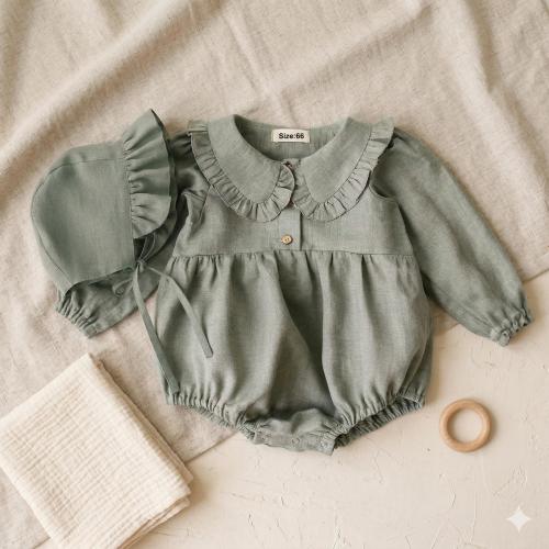 Baby Long Sleeve Romper and Bonnet Set, Ruffle Collar Linen-Look Infant Outfit