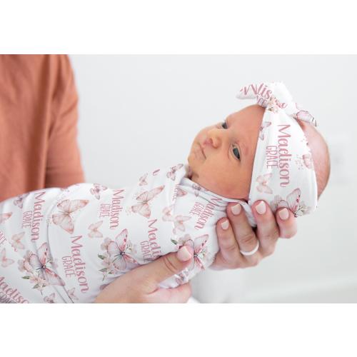 PINK BUTTERFLY BABY Girl Swaddle Blanket, Newborn Girl Butterfly Blanket Personalized Swaddle Headband Set, Butterfly Baby Gift New Mom Gift
