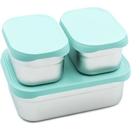 WeeSprout Stainless Steel Lunch Box Set - One 8 Oz & Two 4 Oz Food Storage Nested Bento Boxes with Food Grade Silicone Lid - Leak Proof - Freezer Safe (Pastel Mint)
