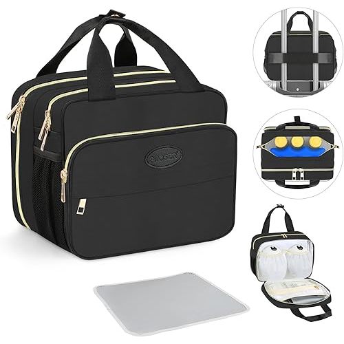 PIIOSER Insulated Baby Bottle Bag with Ice Pack, Breastmilk Cooler Bag Compatible with Wearable Breast Pumps & Accessories - Breastfeeding On The Go Bag for Nursing & Working Moms, Black