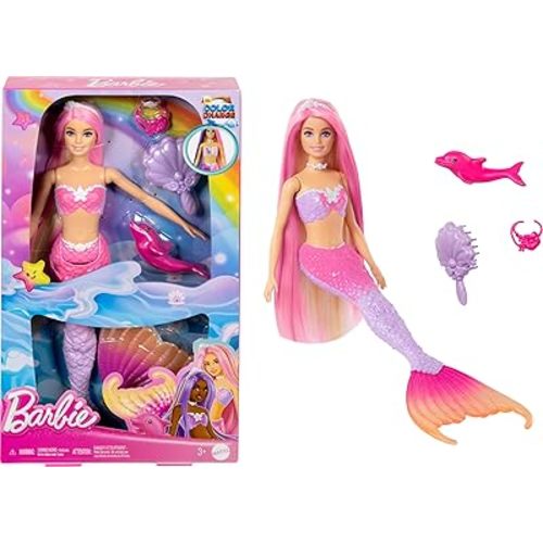 Barbie Mermaid Doll, “Malibu” with Pink Hair, Styling Accessories, Pet Dolphin and Water-Activated Color Change Feature (Amazon Exclusive)