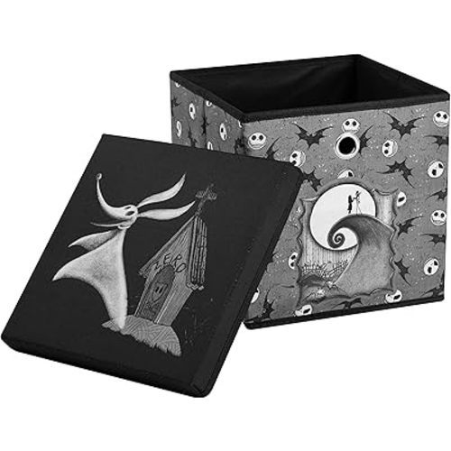 Idea Nuova The Nightmare Before Christmas Collapsible Storage Cube with Removable Lid,10"x10"x10" Fabric Organizer Bin for Essentials