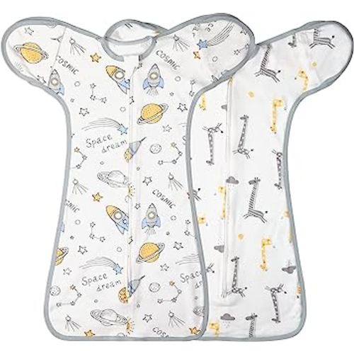 2 Pack Transition Swaddle with 2 Way Zipper, 2 in 1 Arms in/Out Transitional Arms Up Swaddle, 100% Cotton Newborn Swaddles Zipper Swaddles Baby Swaddling Sack Sleep Sack 0-3 Months