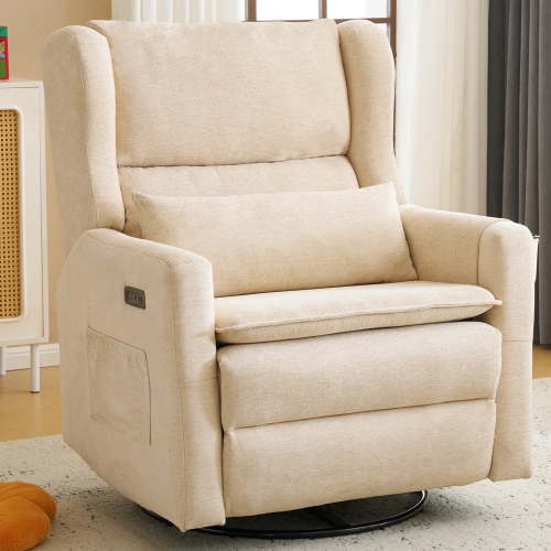 Oversized Swivel Rocker Nursery Recliner, 26" Extra Wide Glider Chair with Adjustable Headrest, Chenille Power Recliner Rocking with Double Cushion, Cup Holder, Beige